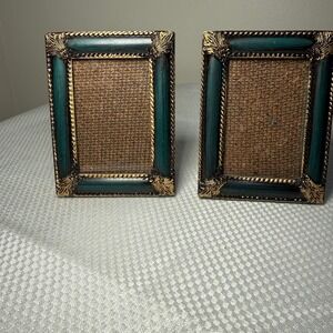 2 Mini Ornate Teal Gold Resin Picture Frames 3.5x3.5 Tabletop Cottagecore Boho